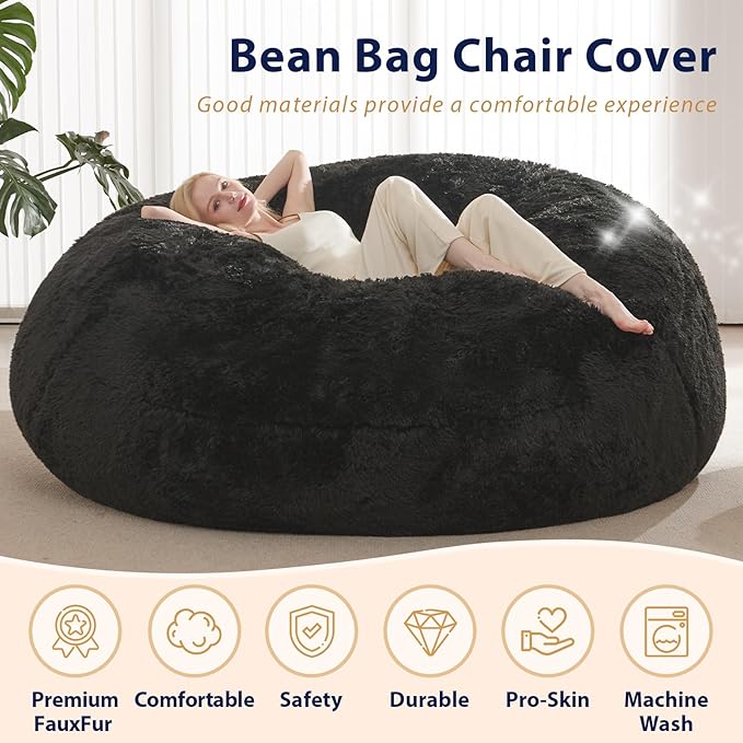 Bean Bag Cover (No Filler), Faux Fur Comfy Bean Bag Covers for Adults, Washable Beanbag Chair Cover, Fluffy Plush Giant Bean Bags Chairs Covers for Teens Kids Girls, Anti-Slip, 5FT, Black