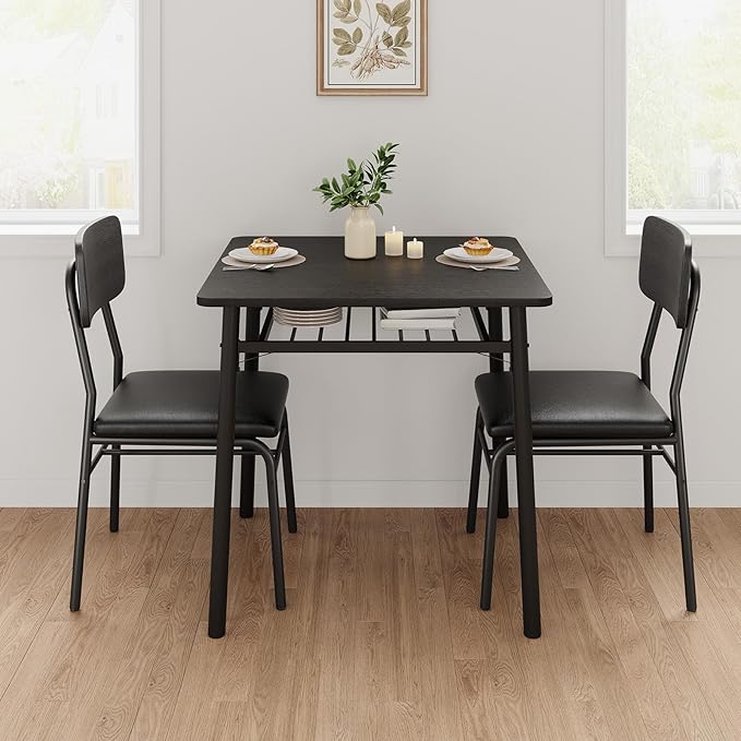 GarveeHome Dining Table for 2 with Storage Rack, Small Kitchen Table for 2 with Metal Frame, Square Table with Upholstered Chairs Set of 2, 3-Piece Dining Room Set for Small Space, Apartment, Black