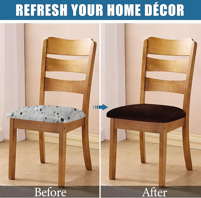 Smiry Velvet Seat Covers for Dining Room Chair Set of 2, Stretch Fit Removable Washable Chair Seat Cushion Protector Slipcovers with Ties, Coffee
