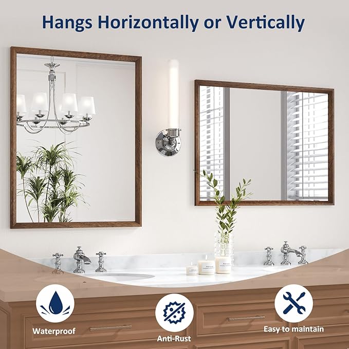 WEER Walnut Bathroom Mirror, Walnut Framed Mirror 28X36 Inch, Rectangle Wall Mounted Bathroom Vanity Mirror with Tempered Glass, Hangs Vertically or Horizontally, Anti-Rust