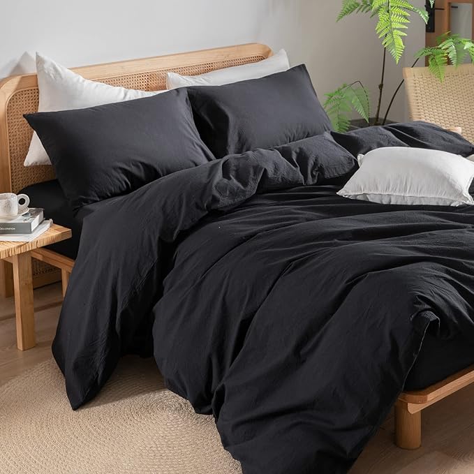 BESTOUCH Duvet Cover Set 100% Washed Cotton Linen Feel Super Soft Comfortable Chic Lightweight 3 PCs Home Bedding Set Solid Deep Black Oversized Queen