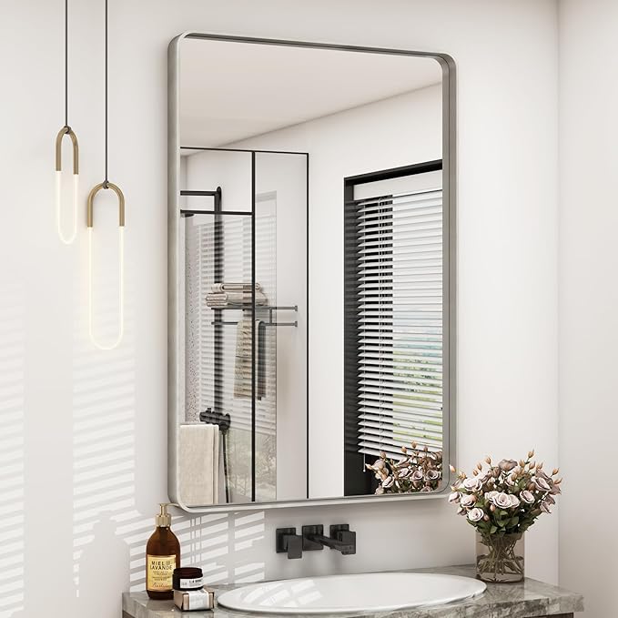 24x36 Silver Bathroom Mirror for Wall, Brushed Metal Framed Bathroom Vanity Mirror, Modern Rounded Corner Rectangle Mirror, Anti-Rust (Horizontal/Vertical)