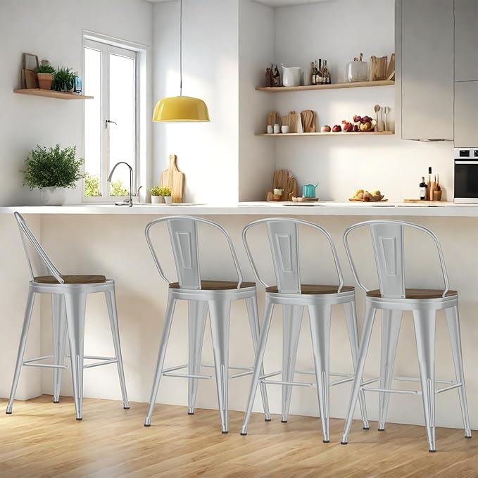 24” Swivel Bar Stools Set of 4, Counter Height Bar Stools Wooden Seat, Metal Industrial Bar Chairs with High Back for Kitchen Island (Silver)
