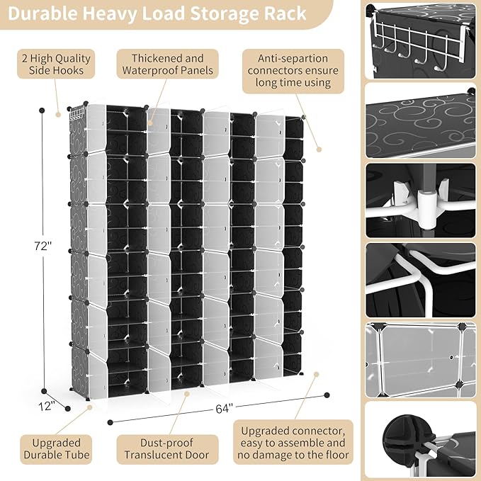 Portable Shoe Rack Organizer with Door, 96 Pairs Shoe Storage Cabinet Easy Assembly, Plastic Adjustable Shoe Storage Organizer Stackable Detachable Free Standing DIY Expandable 12 Tier Black
