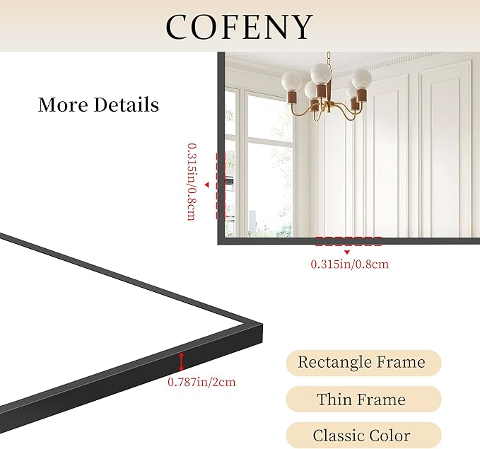 Black Bathroom Mirror for Wall, 55x30 Inch Rectangle Mirrors with Metal Frame, Modern Vanity Wall Mirror Decor for Bathroom Living Room, Entryway Hangs Horizontal or Vertical