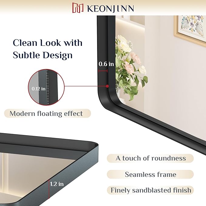 Keonjinn Black Bathroom Mirror for Over Sink, 48 x 24 Inch Large Rounded Rectangle Bathroom Vanity Mirror, Matte Black Farmhouse Wall Mirror, Tempered Glass, Seamless Aluminum Alloy Frame Full Mirror