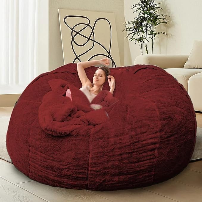 Bean Bag Chair for Adults Kids Without Filling Comfy Oversized Round Lazy Sofa Bean Bag Cover for Stuffed Animal Storage Bedroom Living Room Chairs, 6FT, Red Wine