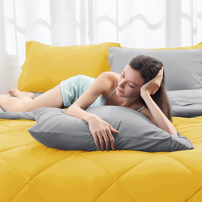 HEVUMYI Twin-XL Comforter Set - 5-Piece All Season Bed in a Bag Twin-XL, Ultra Soft Bedding Set with Comforter, Flat Sheet, Fitted Sheet, Pillowcases, Pillow Shams, Yellow & Light Grey