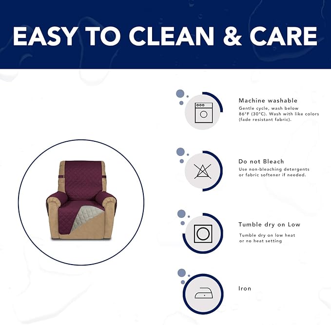 PureFit Reversible Sofa Cover Water Resistant Recliner Couch Cover, Machine Washable Furniture Cover with Adjustable Strap for Dogs, Pets (Recliner, Wine/Beige)