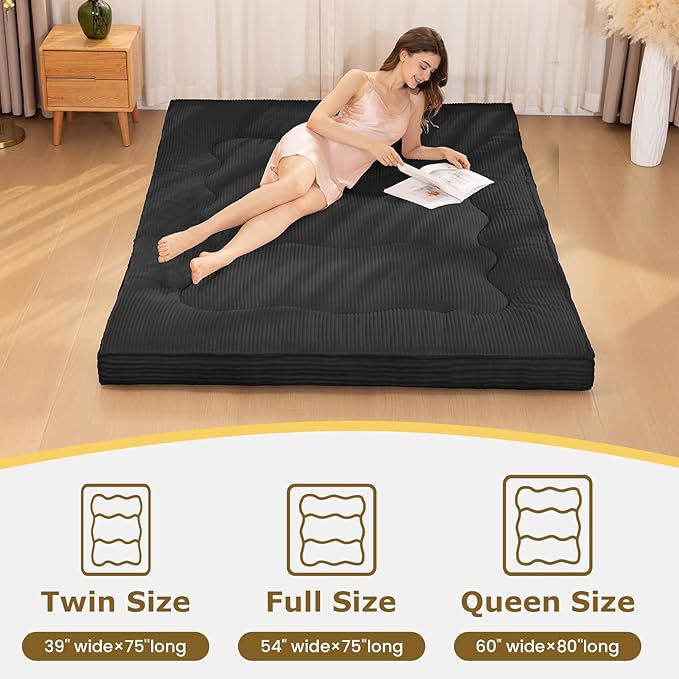 Japanese Floor Mattress, 4" Thicken Futon Mattress Queen Size Sleeping Pad, Corduroy Foldable Floor Pad, Roll Up Tatami Mat for Adults Guest Room Bedroom, Black