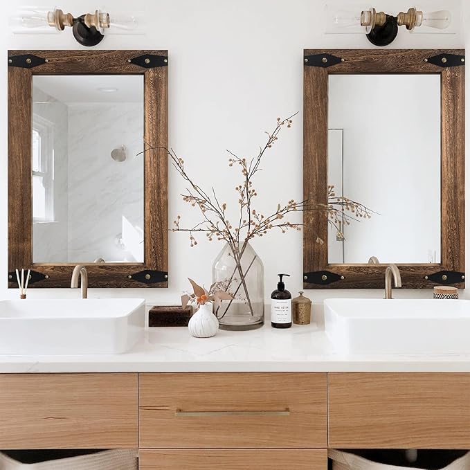Rustic Wooden Framed Wall Mirror for Bathroom, Farmhouse Decorative Natural Wood Vanity Mirror, Wall Mounted Rectangular Mirror for Bedroom Living Room, Vertical or Horizontal Hanging, 26x40 Inches
