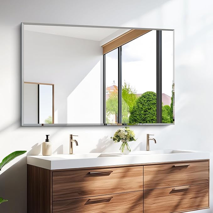 Beveled Bathroom Mirror, 30x48 Inch Large Frameless Mirrors for Wall, Upgraded Shatterproof Beveled Frameless Vanity Mirror for Bathroom,Bedroom,Living Room and Entryway