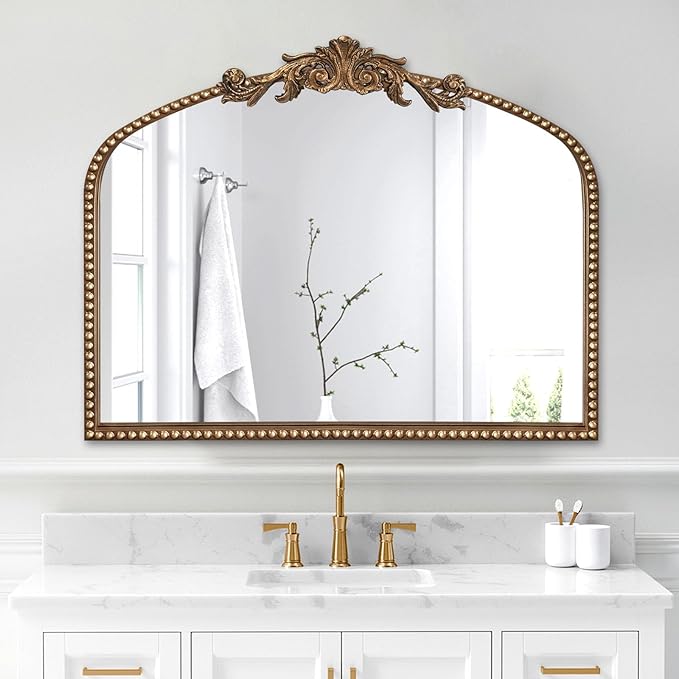 ironsmithn Gold Arched Mirror, 30"x36" Ornate Beaded Frame Mirrors, Metal Decorative Accent Mirror for Fireplace Bedroom Bathroom Living Room Entryway