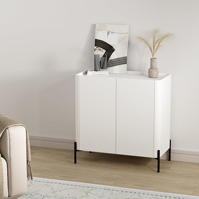 Manhattan Comfort Abbey Accent Cabinet with Doors, Tray Top Design and Adjustable Shelves, Sleek Modern Storage Furniture for Dining Area, Living Room, Bedroom, Entryway, White