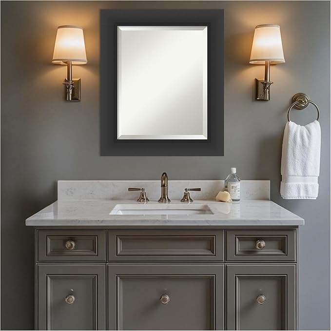Amanti Art Black Bathroom Mirror for Over Sink, 26x22 Sloped Black Rectangle Vanity Mirror, Small Modern Contemporary Frame, Hangs Horizonally and Vertically, Bathroom Wall Decor, Beveled Edge