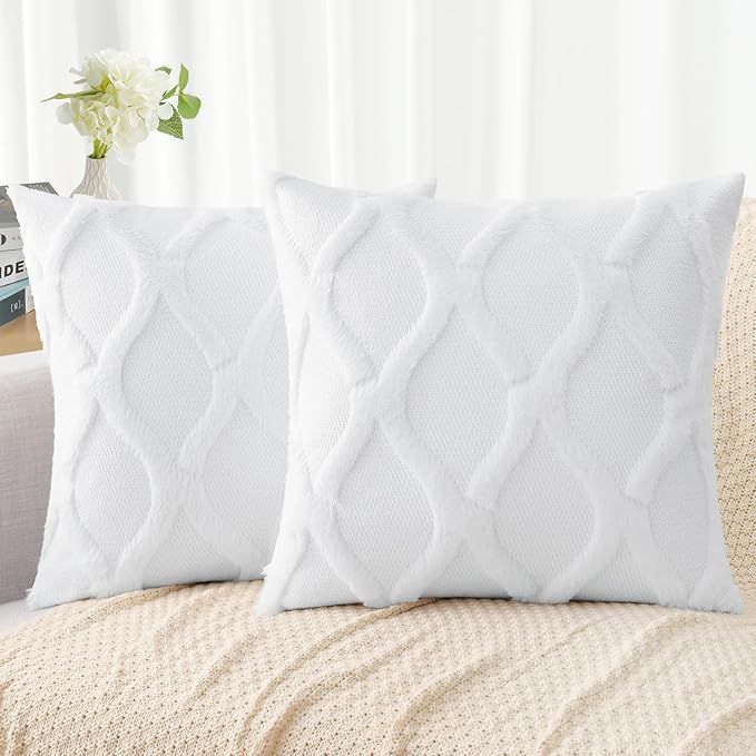 decorUhome Throw Pillow Covers 22x22 Inch Set of 2, Soft Plush Faux Fur Wool Pure White Couch Pillow Covers, Decorative Neutral Pillow Cases for Bed Sofa Living Room Home Decor