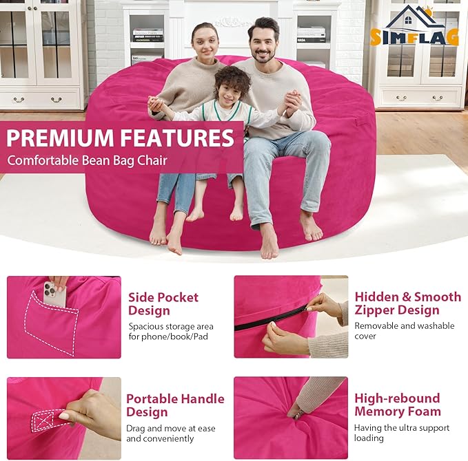 5FT Bean Bag Chair, Large Bean Bag Chairs with Memory Foam Filled, Fluffy Beanbag Sofa with Dutch Velvet Cover, Round BeanBag Chairs for Living Room, Playroom - Pink