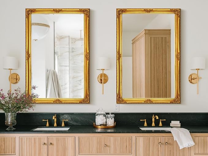 35" x 23" Large Antique Mirror, Gold Vintage Wall Mirror with Baroque Wood Frame for Elegant Victorian Living Room, Ornate Entryway Over Console