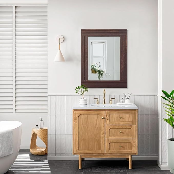 Mirrors for Wall Rustic Wooden Frame Rectangle Mirror Vintage Hanging Mirror for Bedroom Bathroom Living Room Farmhouse Wall Decor Brown Large 20" x 16 "
