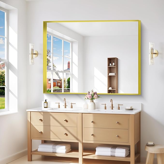 Gold Bathroom Mirror, 36x48 Inch Rectangular Framed Mirror, Large Wall Mounted Bathroom Vanity Mirror Over Sink for Bedroom,Restroom, Living Room, Hangs Vertically or Horizontally