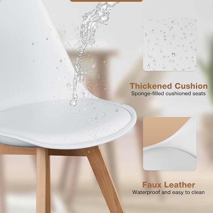 OLIXIS Dining Chairs Set of 8 Kitchen Mid Century Modern Chairs with Wood Legs and PU Leather Cushion for Living Room Bedroom Outdoor Lounge, White