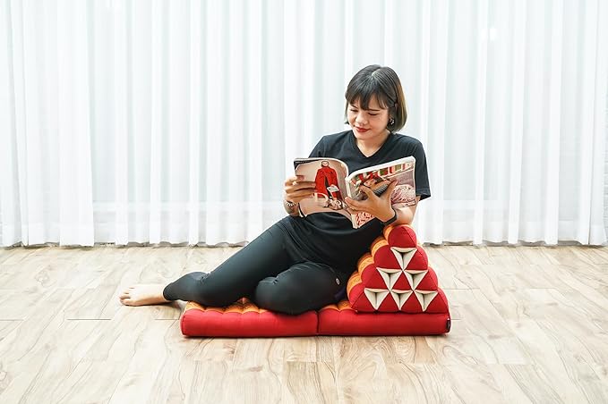 LEEWADEE 2-Fold Mat with Triangle Cushion – Comfortable TV Pillow, Foldable Mattress with Cushion Made of Eco-Friendly Kapok, 45 x 20 inches, Orange red