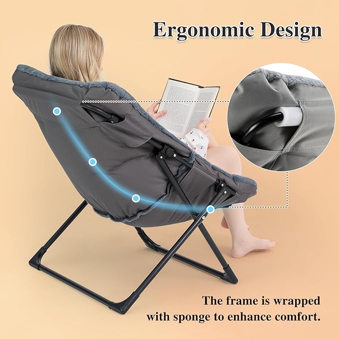 Comfy Saucer Chair for Adults, Soft Faux Fur Bedroom Chair with Ottoman, Accent Dorm Chairs, Living Room Reading Chairs and Footstool, Folding Lounge Seat for Teens, X-Large, Navy Blue
