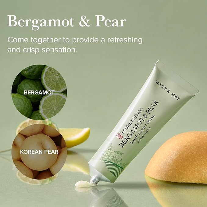 Mary&May SEOUL EDITION Bergamot & Pear Refreshing Hand Cream - Korean Moisturizing Vegan Hand Moisturizer - Refreshing Citrus Scent - Non Greasy Light Gel Cream Texture, 1.69oz.