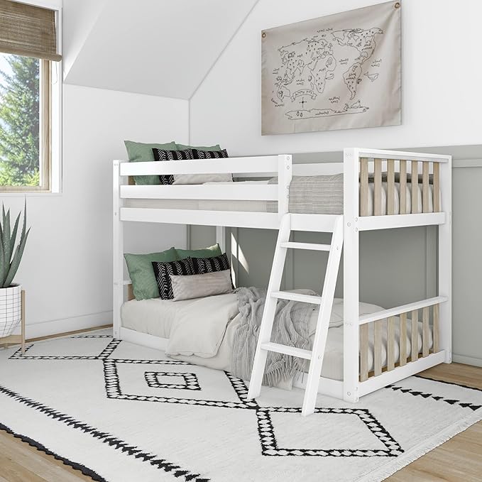 Max & Lily Low Bunk Bed, Scandinavian Modern Bunk Bed, Solid Wood Twin-Over-Twin Bed Frame for Kids, No Box Spring Needed, Blonde/White