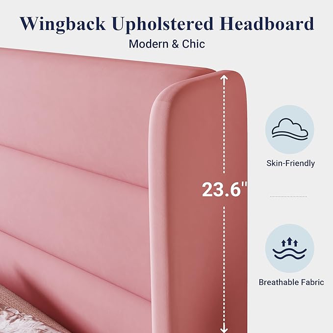 Allewie Queen Size Platform Bed Frame with Velvet Upholstered Wingback Headboard, No Box Spring Needed, Under Bed Storage Space, Strong Wooden Slats, Modern Mattress Foundation, Easy Assembly, Pink