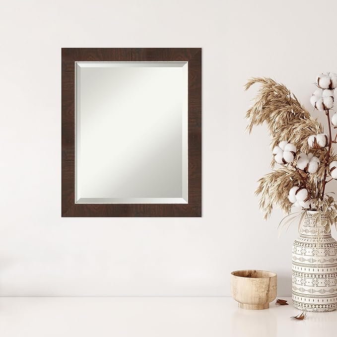 Amanti Art Brown Wall Mirror 23x19 Wildwood Brown Narrow Rectangle Bathroom Mirror for Wall Decor Living Room, Small Rustic Farmhouse Frame, Hangs Horizonally and Vertically, Bathroom Decor, Beveled
