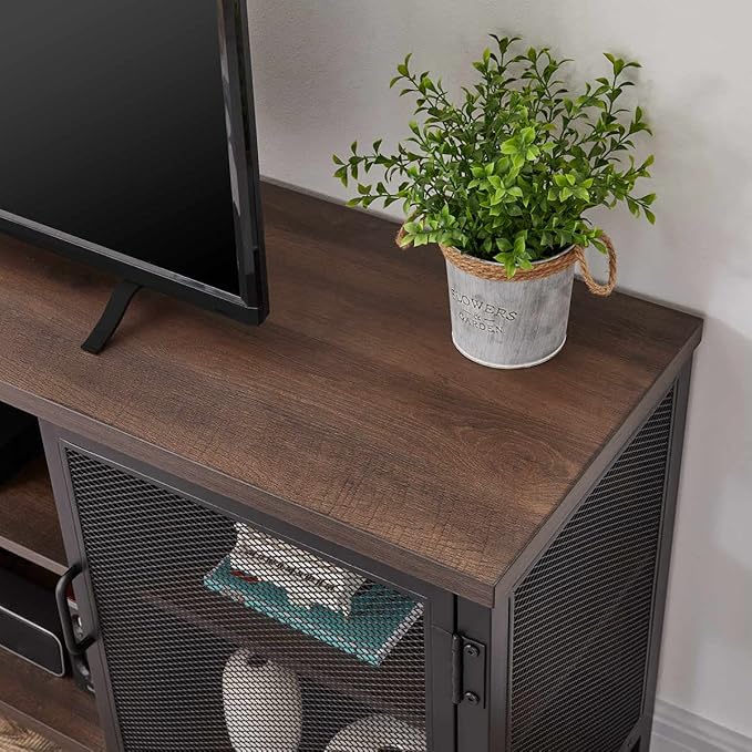 FATORRI Industrial Entertainment Center for TVs up to 55 60 65 Inch, Rustic Wood TV Stand, Large TV Console Cabinet with Doors for Living Room (60 Inch Wide, Walnut Brown)
