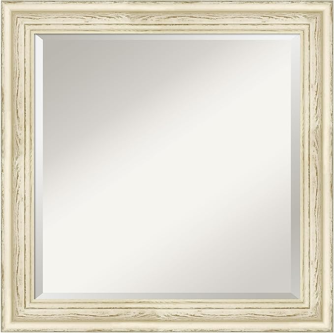 Amanti Art White Bathroom Mirror for Over Sink, 25x25 Country White Wash Square Vanity Mirror, Medium Country Rustic Wood Frame, Hangs Horizonally and Vertically, Bathroom Wall Decor, Beveled Edge