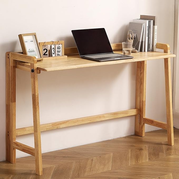 Solid Wood Folding Desk Mid Century Modern Table, 47'' Foldable Writing Computer Desk for Home Office, Simple Study Makeup Workstation, Wooden Study Office Desk Table for Small Spaces, Natural Color