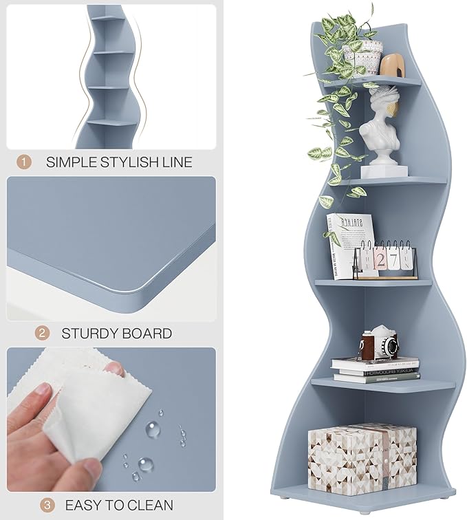 Tribesigns Corner Shelf, Modern 5-Tier Wall Corner Bookshelf, Stylish Corner Small Bookcase Storage Rack Plant Stand with Unique Shape for Living Room, Home Office (Blue, 1PC)