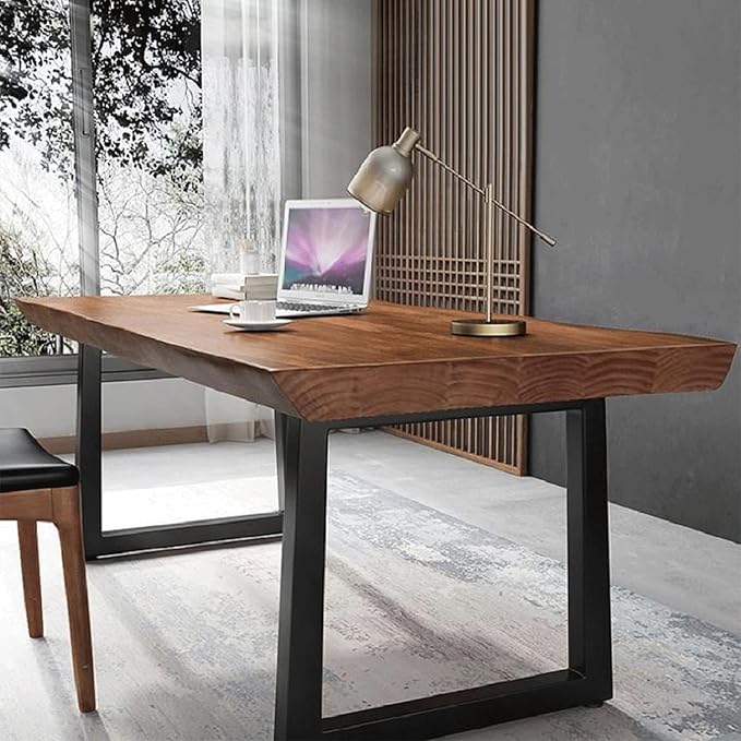 Modern Minimalist Solid Wood Office Desk with Metal Base Easy to Assemble Durable Writing Table Dining Table Computer Desk Multiple Ideal for Living Room and Dining Room (63inch)