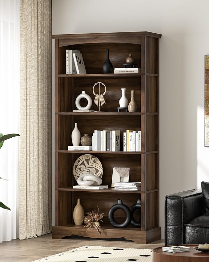 TVU 5-Tier Wooden Bookshelf, 65 Inch Tall Bookshelf with Storage, Floor Standing Modern Style Display Bookcase for Living Room, Office, Study Room, Entryway, Brown