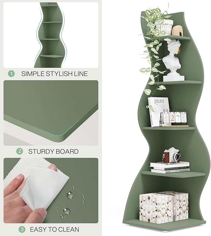 Tribesigns Corner Shelf, Modern 5-Tier Wall Corner Bookshelf, Stylish Corner Small Bookcase Storage Rack Plant Stand with Unique Shape for Living Room, Home Office (Sage Green, 1PC)