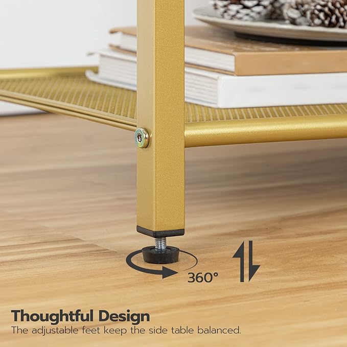 HOOBRO Side Table with Charging Station, Set of 2 End Tables with USB Port, Nightstand for Tight Spaces, Tempered Glass, Modern Metal Frame, for Office, Bedroom, Living Room, Gold GD76UBZP201