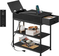 WLIVE Narrow Side Table with 2 USB Ports and 2 Outlets, Flip Top End Table with Drawer and Storage Shelves, End Stand with Charging Station for Living Room, Bedroom, Small Spaces,Black
