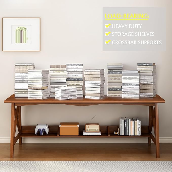 Extra Long Desk with Bookshelf - Wooden Home Office Work Study Table, Writing Computer Workstation with Storage Shelf in Oak, 55" Wx20 Dx30 H