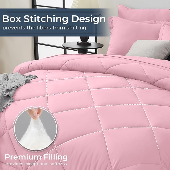 HEVUMYI Pink King Comforter Set - 7-Piece All Season Bed in a Bag King, Ultra Soft Bedding Set with Comforter, Flat Sheet, Fitted Sheet, Pillowcases, Pillow Shams, Pink