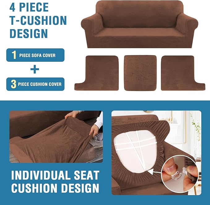 H.VERSAILTEX Thick Velvet Sofa Cover - 4 Piece T Cushion Slipcover Set for 3 Cushion Couch - Stretch, Washable, Caramel