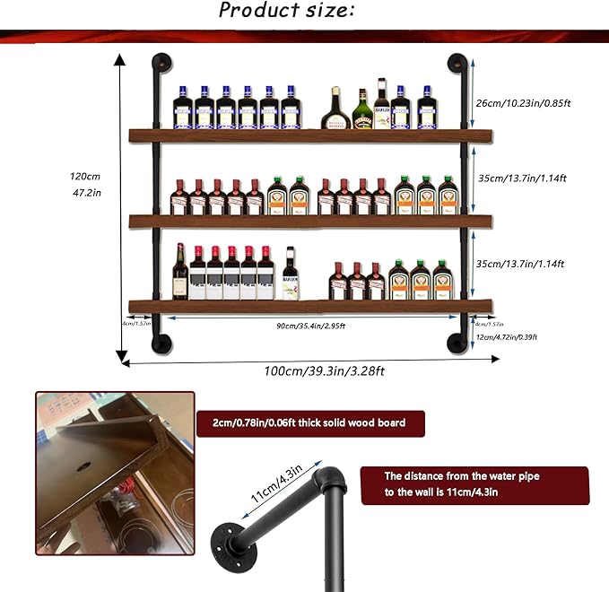 39.7in Large Wine Rack with LED Light Solid Wood Wall Mounted Wine Rack, 3-Tiers Liquor Bottles Floating Shelves Display Storage Organizer for Home Bar & Dining Room (100cm/39.7in)