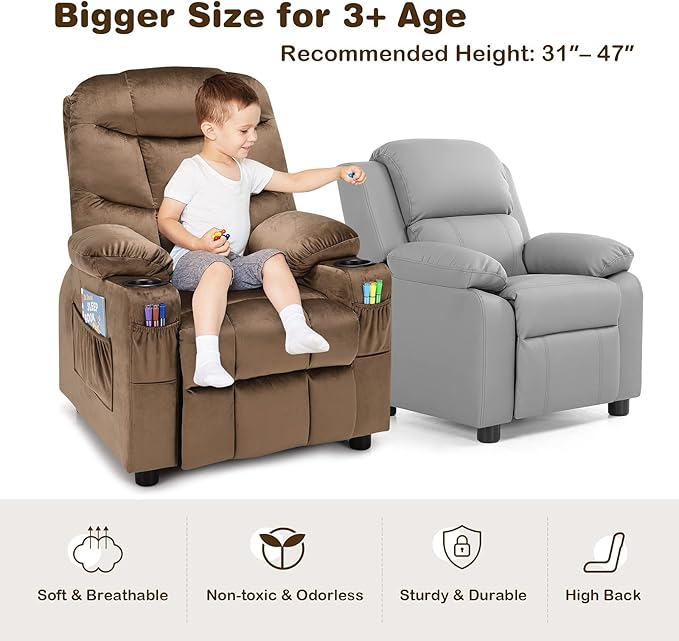 Costzon Kids Recliner Chair with Cup Holder, Adjustable Velvet Lounge Chair w/Footrest & Side Pockets for Children Boys Girls Room, Ergonomic Toddler Furniture Sofa, Kids Recliner (Brown)