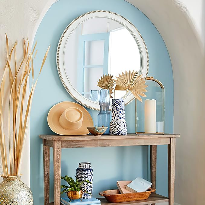 sawsile Wood Circle Mirror,Rustic Farmhouse Wall Mirror 24 inch Round Morden Decoration Wood Large Mirror White Accent Mirror for Bedroom,Living Room