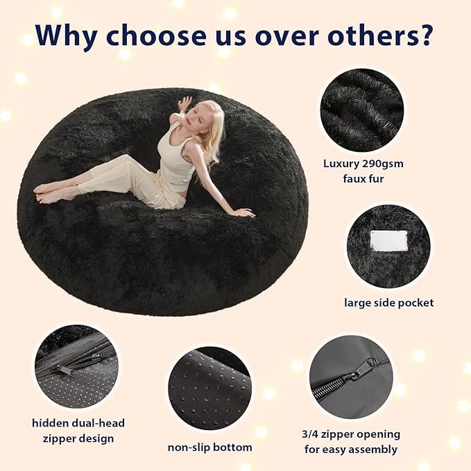 Bean Bag Cover(No Filler), Fluffy Beanbag Chairs Cover Only, Stuffed Animal Storage Bean Bag, Washable Lazy Sofa Beanbag Cover without Filler, 6FT, Black