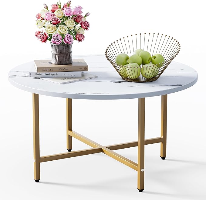 Coffee Table, 23.6" Coffee Tables for Living Room, Round Coffee Table with Metal Frame, Floor Table for Sitting on The Floor, Home, Office, White & Gold Legs