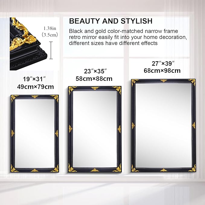 39" x 27" Large Vintage Decoration Mirror, Dark Antique Mirror Wall Decor for Living Room Fireplace, Black and Gold Victorian Wood Frame Glass Wall Decor for Bathroom