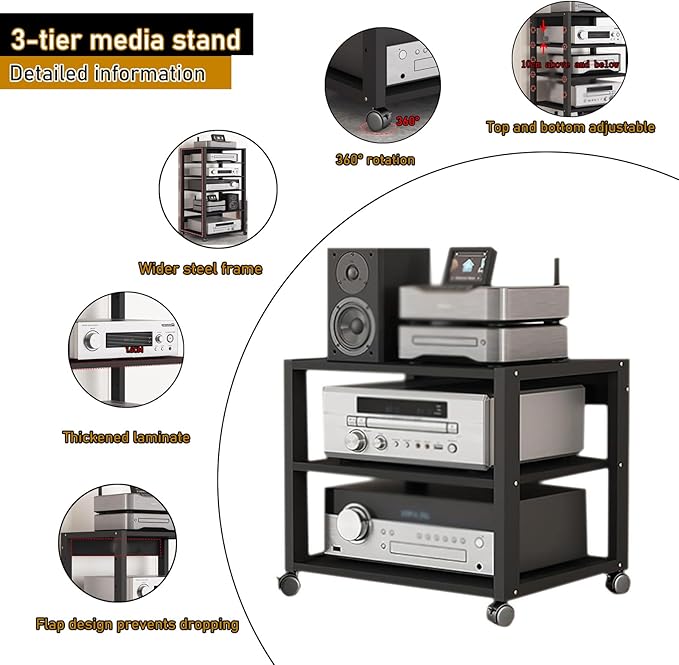 3 Tier Audio Rack Tower, CD Record Player Stereo Receiver AV Equipment Cabinet Display Rack, Weight Capacity 220 lbs, with Adjustable Wooden Shelves for Home (Black, 3tier)